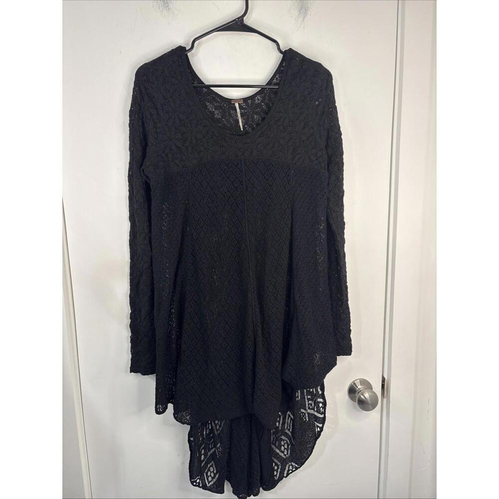 Free People Med Blk High Low Knit Lace Dress Long Sleeves Whimsygoth‎ Boho New